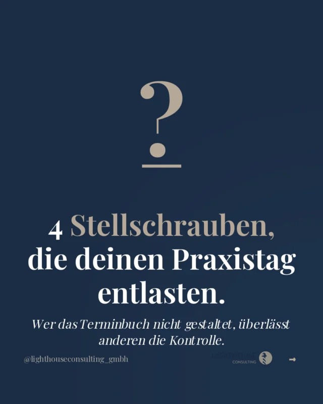 Und wenn die Antwort nicht du bist, dann ist das der Ausgangspunkt.

Das Terminbuch wird in vielen Praxen von der Rezeption befüllt. Nach Verfügbarkeit, nach Wunsch, nach Gewohnheit.

Das ist keine Kritik am Team. Das ist eine Führungslücke.

Wer das Terminbuch nicht bewusst gestaltet, überlässt anderen die Entscheidung darüber, wie der Tag aussieht.

Im Karussell zeigen wir dir Stellschrauben, die das ändern. Konkret, in dieser Reihenfolge, direkt anwendbar.

Welche Stellschraube greifst du heute als Erstes an? 💙