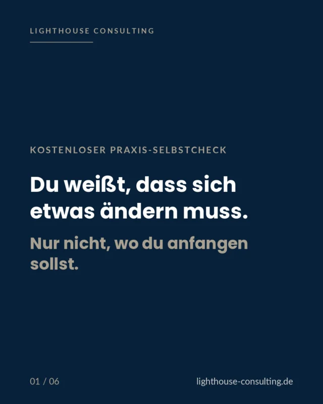 Die meisten Praxisinhaber:innen, mit denen wir sprechen, ahnen längst, dass etwas nicht rund läuft.

Nur benennen können sie es oft nicht. Ist es das Team? Die Abrechnung? Die Struktur im Alltag? Die Zahlen? Es fühlt sich nach allem gleichzeitig an, und genau das lähmt.

Deshalb haben wir den Praxis-Selbstcheck gemacht. Du beantwortest ein paar ehrliche Fragen zu deinen Big Five, den fünf Bereichen, die über Ruhe und Erfolg deiner Praxis entscheiden. Am Ende siehst du sofort deinen Reifegrad je Bereich. Kein richtig oder falsch. Nur Klarheit.

Denn deine Situation verändert sich nicht durch Reden über sie. Sie verändert sich durch den ersten ehrlichen Blick darauf, wo du gerade stehst.

Der Check ist kostenlos und dauert drei Minuten. Den Link findest du in unserer Bio.

Wo würdest du deine Praxis heute stehen sehen, wenn du ganz ehrlich bist? 💙