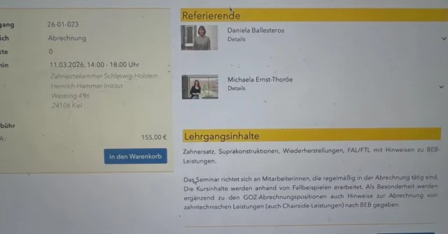 Zahnersatz, Suprakonstruktionen, Wiederherstellungen, FAL/FTL mit Hinweisen zu BEB-Leistungen.

Das Seminar richtet sich an Mitarbeiterinnen, die regelmäßig in der Abrechnung tätig sind. Die Kursinhalte werden anhand von Fallbeispielen erarbeitet. Als Besonderheit werden ergänzend zu den GOZ-Abrechnungspositionen auch Hinweise zur Abrechnung von zahntechnischen Leistungen (auch Chairside-Leistungen) nach BEB gegeben.

Sie dabei am 11.03.2025 von 14:00-18:00 Uhr bei der Zahnärztekammer Schleswig Holstein.