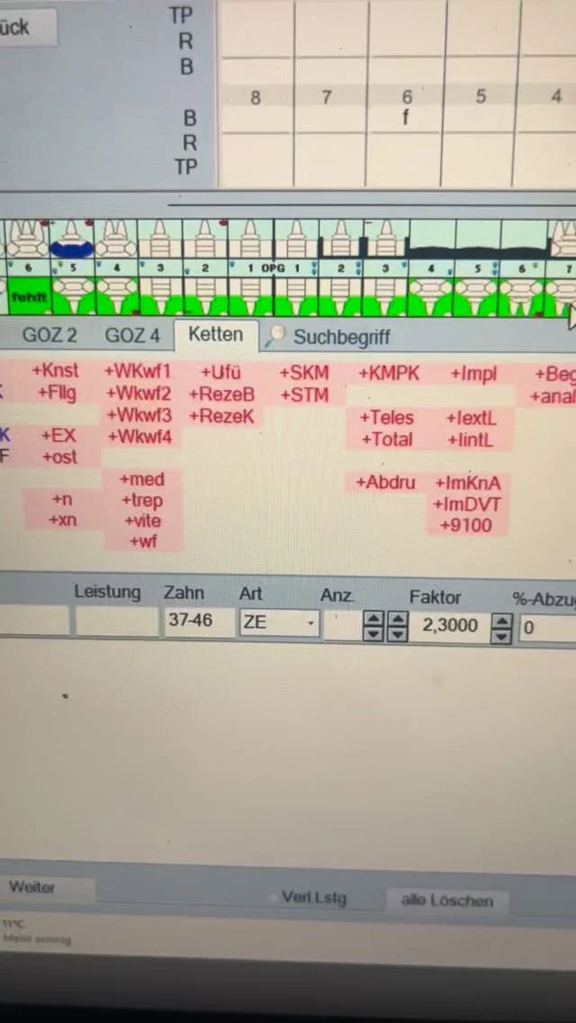 Michaela kannst du eben mal schnell einen Kostenvoranschlag schreiben für eine Schiene.

Wer kennt diesen Satz nicht?

Ich mache mir das Leben einfacher! Leistungsketten sorgen dafür:
- das kein Honorar verloren gehen 
- keine Flüchtigkeitsfehler passieren 
- und die Patienten warten nicht lange auf ihr Geld

Wieviele Ketten hast du ?#patient #zahnarzt #zahnärztlicheabrechnung
